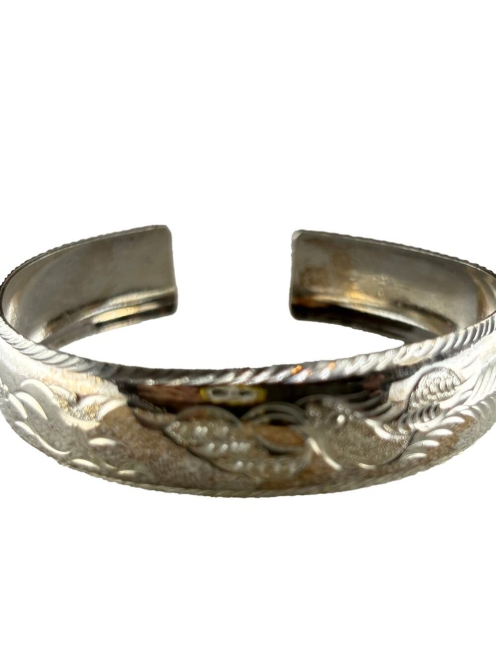 925 Sterling Silver Diamond-Cut Floral & Ribbed Open Cuff Bangle Bracelet 19.92g